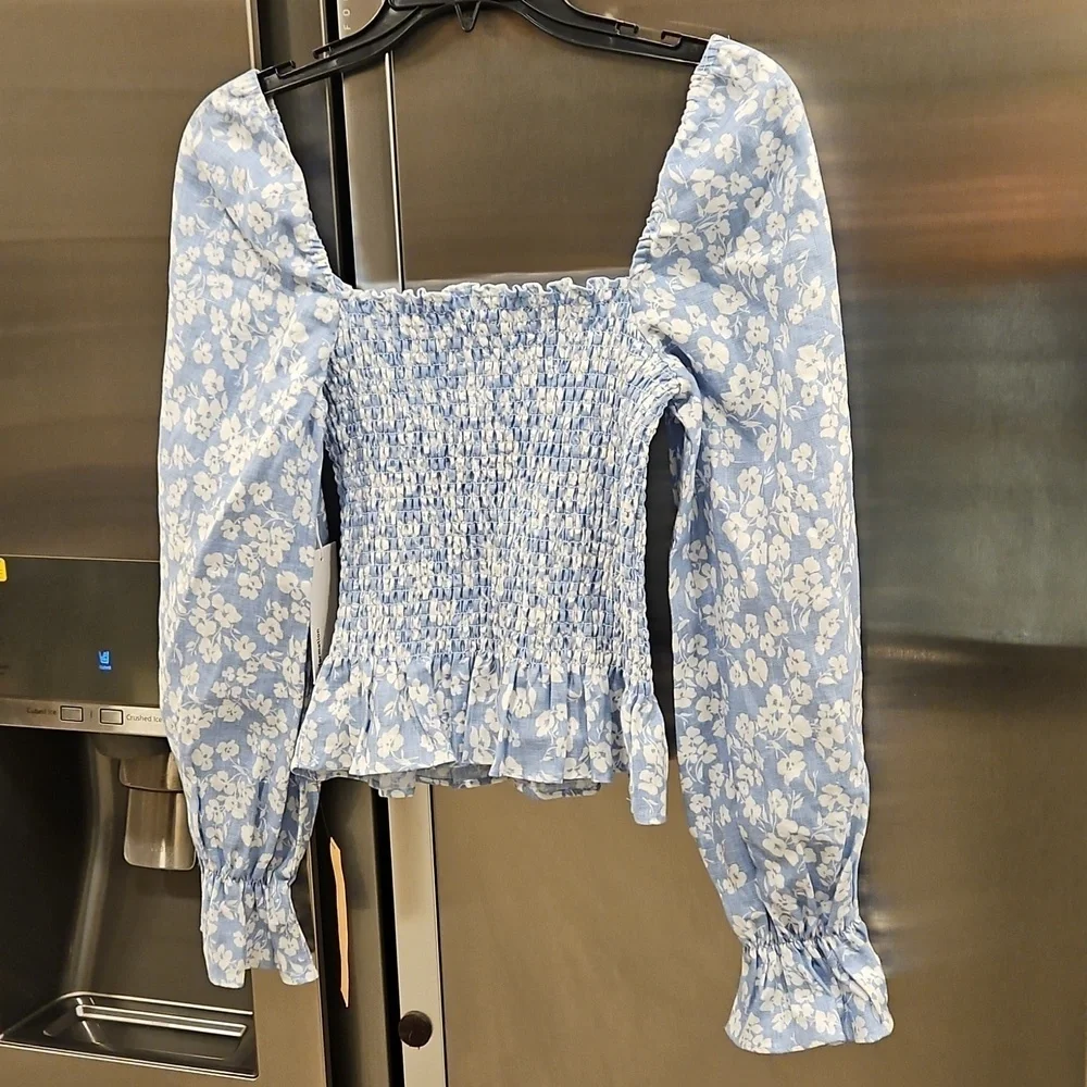 💕REFORMATION💕 Cambria Linen Top ~ Sofie Blue Floral Print Small S NWT - Picture 7 of 14